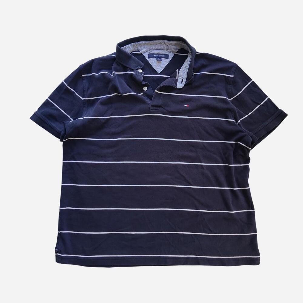 Tommy Hilfiger navy blue polo shirt with white stripes 

Size XL (fits M-L) (mea